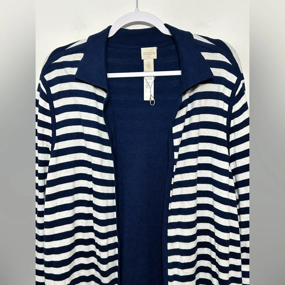 Chicos Striped Open Front Long Line Cardigan Sweater